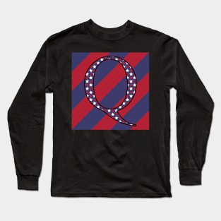 Old Glory Letter Q Star-Filled Black Outline on Red and Blue Stripes Long Sleeve T-Shirt